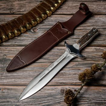 Cuchillo Cudeman 104-C REHALERO hoja MoVa de 24 cm, empuñadura de Asta de ciervo de 14 cm para Caza, Pesca, Supervivencia y Bushcraft