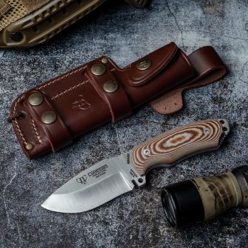 Cuchillo Cudeman 115-X Mini Boina Verde hoja de acero Böhler N-695 de 9 cm empuñadura de micarta marrón de 10 cm funda de cuero