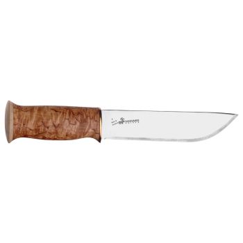 Cuchillo nórdico de supervivencia KARESUANDO Huggaren  con hoja de acero 12C27 de 18 cm y empuñadura de abedul rizado de 11 cm