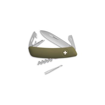 Navaja multiusos suiza Swiza D03 Allmatt - color verde oliva con hoja de acero 440C de 75.cm. Bloqueo por liner-lock con botón y once usos diferentes