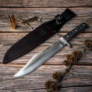 Cuchillo Cudeman 106-M JBK-I hoja de acero inoxidable MoVa de 25 cm, empuñadura de micarta negra satinada con separador rojo de 13 cm