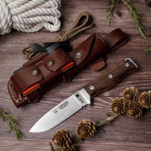 Cuchillo Cudeman 120-GC MT-5 hoja de acero inoxidable Böhler N-695 de 11 cm empuñadura de nogal pulido de 11,5 cm funda de kcuero