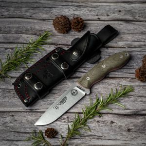 Cuchillo Cudeman BS9 Quercus 160-F hoja de acero MoVa 1.4116 de 11 cm empuñadura de micarta canvas verde oliva de 12,5 cm