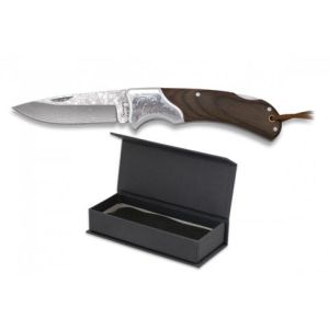 Navaja Damasco con hoja de acero Damasco 73 capas de 7.50 cm y empuñadura de estamina/Marron de 10.30 cm