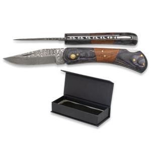 Navaja con hoja de acero Damasco de 8.00 cm y empuñadura de estamina de 10.00 cm