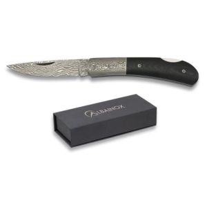 Navaja Damasco con hoja de acero Damasco 71 Lamas de 6.40 cm y empuñadura de micarta/Negro de 8.60 cm