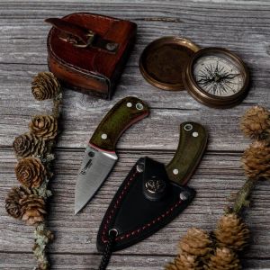  Cuchillo Cudeman de cuello YODA 200-F CUERO hoja de acero Böhler N-695 y empuñadura de micarta canvas verdes con separador rojo de 5,8 cm
