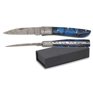 Navaja Fantasy Blue Sea con hoja de acero Damasco 312 capas de 9.00 cm y empuñadura de Resina azul de 11.50 cm