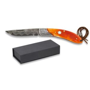 Navaja Damasco con hoja de acero Damasco 73 Capas de 7.30 cm y empuñadura de Hueso de 9.50 cm