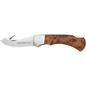 Cuchillo italiano para caza FOX 2690RT con gancho para caza hoja de acero N690Co de 11 cm y empuñadura de raíz de brezo de 11,5 cm