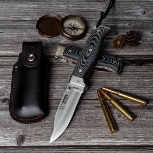 Navaja Cudeman 328-M MT-6 hoja de acero Böhler N-695 de 11 cm y empuñadura de micarta negra separadores rojos de 12,5 cm