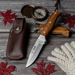 Navaja Cudeman 384-L MT-4 hoja de acero Böhler N-690Co de 10 cm y empuñadura de madera de olivo de 11,5 cm