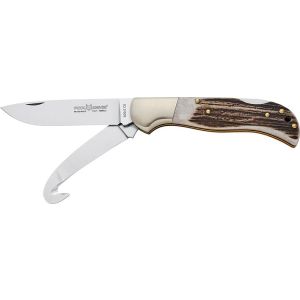 Navaja Italiana FOX CAZA 500/2CE con hoja de acero Böhler N690Co de 8,5 cm y empuñadura de asta de ciervo de 18 cm con gancho para caza