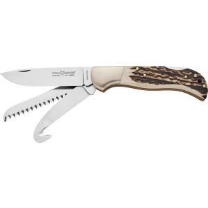 Navaja Italiana FOX CAZA 500/3CE con hoja de acero Böhler N690Co de 8,5 cm y empuñadura de asta de ciervo de 18 cm con sierra y gancho para caza