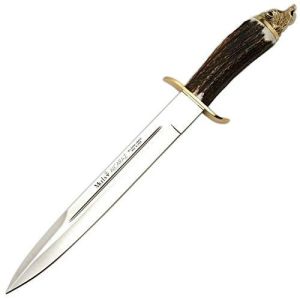 Muela Cuchillo ALCARAZ-26N hoja de acero MoVa de 26 cm y empuñadura de ciervo con pomo cabeza de jabali.