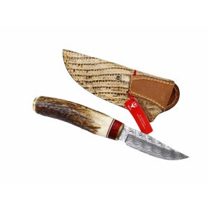 Muela Cuchillo de caza de lujo BW-6DAM con hoja de acero damasco inoxidable RWL34 y empuñadura de asta de ciervo.