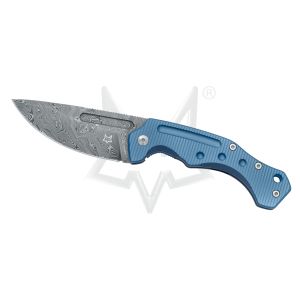 Navaja italiana FOX DESERT FOX FX-521 DLB con hoja de acero Damasteel Björkm Twist de 9,5 cm y empuñadura de titanio aeroespacial azul de 12,5 cm