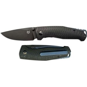 Navaja italiana FOX TUR 528 B con hoja de acero Elmax y recubrimiento PVD de 7,5 cm y empuñadura de fibra de carbono negra con clip de titanio