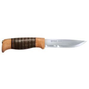 Cuchillo nórdico HELLE 77 Sigmund con hoja de acero H3LS de 10.7 cm y empuñadura de Haya, Roble y cuero de 11.8 cm