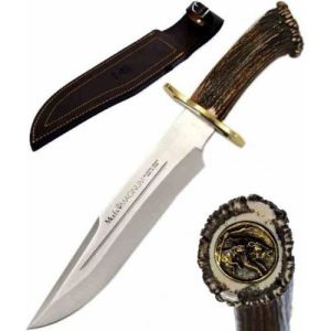 Compra aquí tu Cuchillo Muela MAGNUM-26LA con hoja de acero MoVa de 26 cm y empuñadura de ciervo con moneda de 15 cm. Esta versión incluye la guarda en latón como antiguamente, ¡Somos su tienda en Albacete!