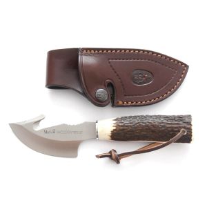 Muela Cuchillo de caza RACCOON-8A con hoja de acero inoxidable MoVa de 8 cm y empuñadura de asta de ciervo.