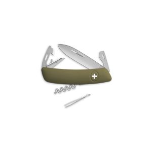 Navaja multiusos suiza Swiza D03 Allmatt - color verde oliva con hoja de acero 440C de 75.cm. Bloqueo por liner-lock con botón y once usos diferentes