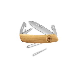 Navaja multiusos suiza Swiza D04 Allmatt - Roble con hoja de acero 440C de 75.cm. Bloqueo por liner-lock con botón y once usos diferentes