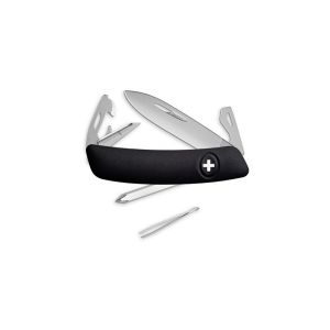 Navaja multiusos suiza Swiza D04 Allmatt - Negro con hoja de acero 440C de 75.cm. Bloqueo por liner-lock con botón y once usos diferentes