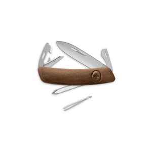 Navaja multiusos suiza Swiza D04 Allmatt - Nogal con hoja de acero 440C de 75.cm. Bloqueo por liner-lock con botón y once usos diferentes